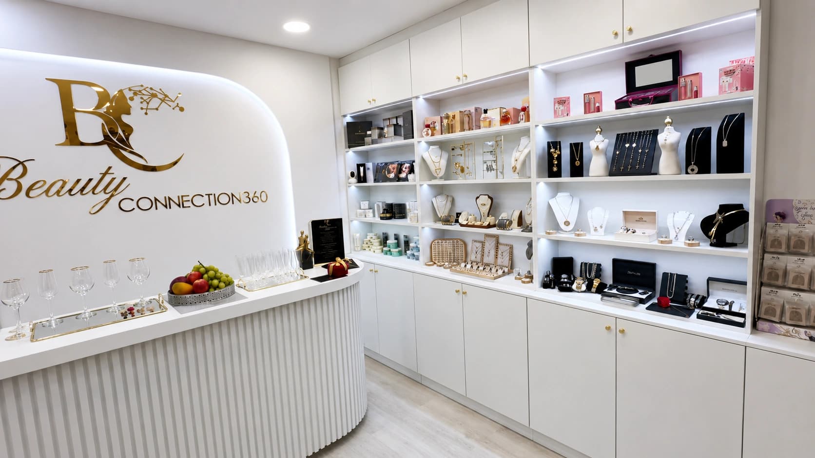 Balcão de receção e vitrine de produtos da Beauty Connection 360